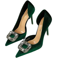 Women 10.5cm Super High Heels Pointed Toe Side Hollow Work Pumps Metal Crystal Buckle Velvet Stiletto Fashion Banquet Lady Shoes
