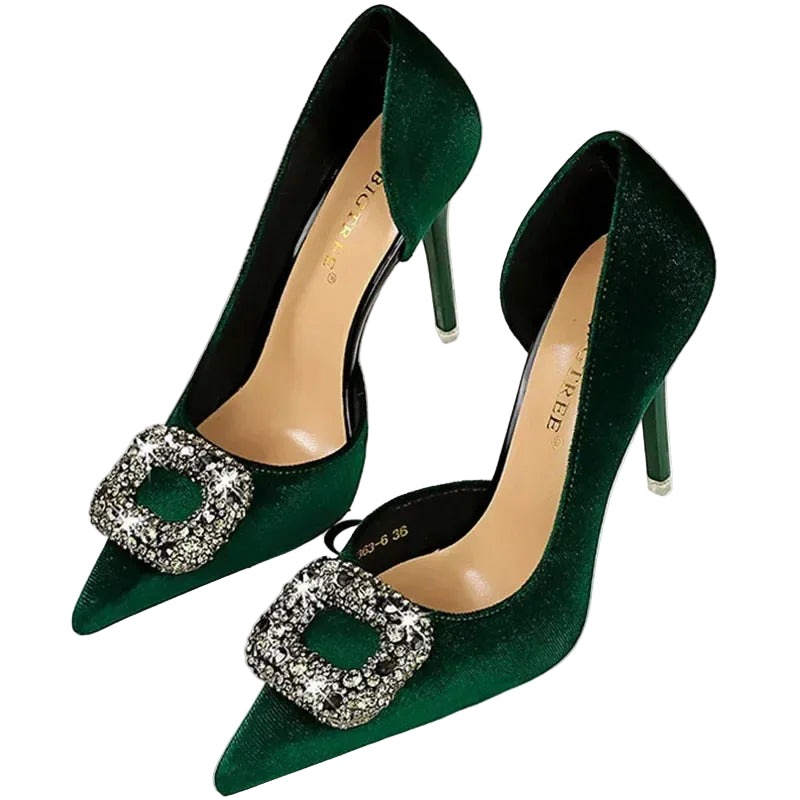 Women 10.5cm Super High Heels Pointed Toe Side Hollow Work Pumps Metal Crystal Buckle Velvet Stiletto Fashion Banquet Lady Shoes