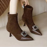 Fashionable Slim Fit Diamond Decorated Pointed Toe High Heel Bootie Mid-Calf Zipper Closure Leather Boot for Women