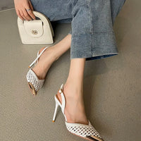 Elegant Hollow Out Woven Stiletto Sandals Women Pointed Toe Metal Straps High Heels