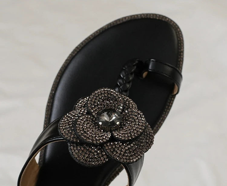 Womens Bohemian Floral Rhinestone Sandals Elegant Crystal Flower Décor Elastic Ankle Strap Soft Cushioned Insole Non Slip Sole
