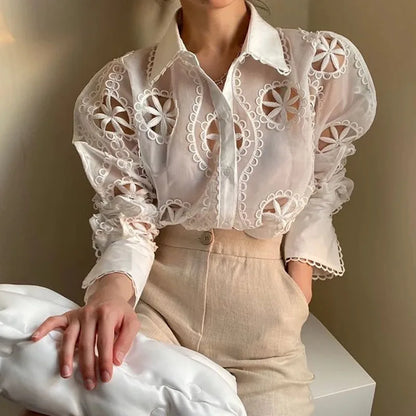 Mesh Hollow Out Women's Blouse Long Sleeve Embroidery Floral Women Shirts Button Up Woman Tops Streetwear Clothes