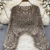 Casual Loose Knitting Top O Neck Hook Flower Hollow Long Sleeved Tassel Design Fashion French Vintage Blouse