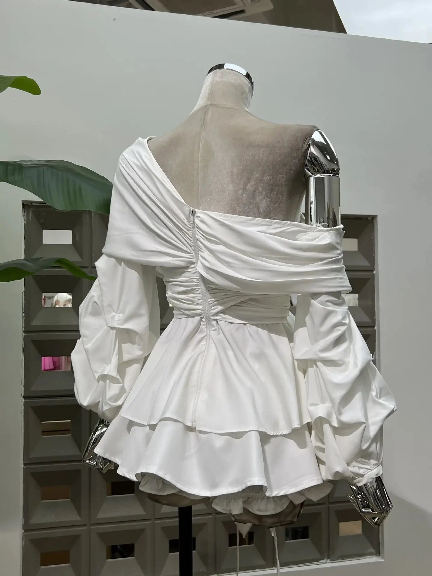 Women's Asymmetric Off-Shoulder Crop-Top Irregular Bow-Waist Puff-Sleeve Party Evening Top