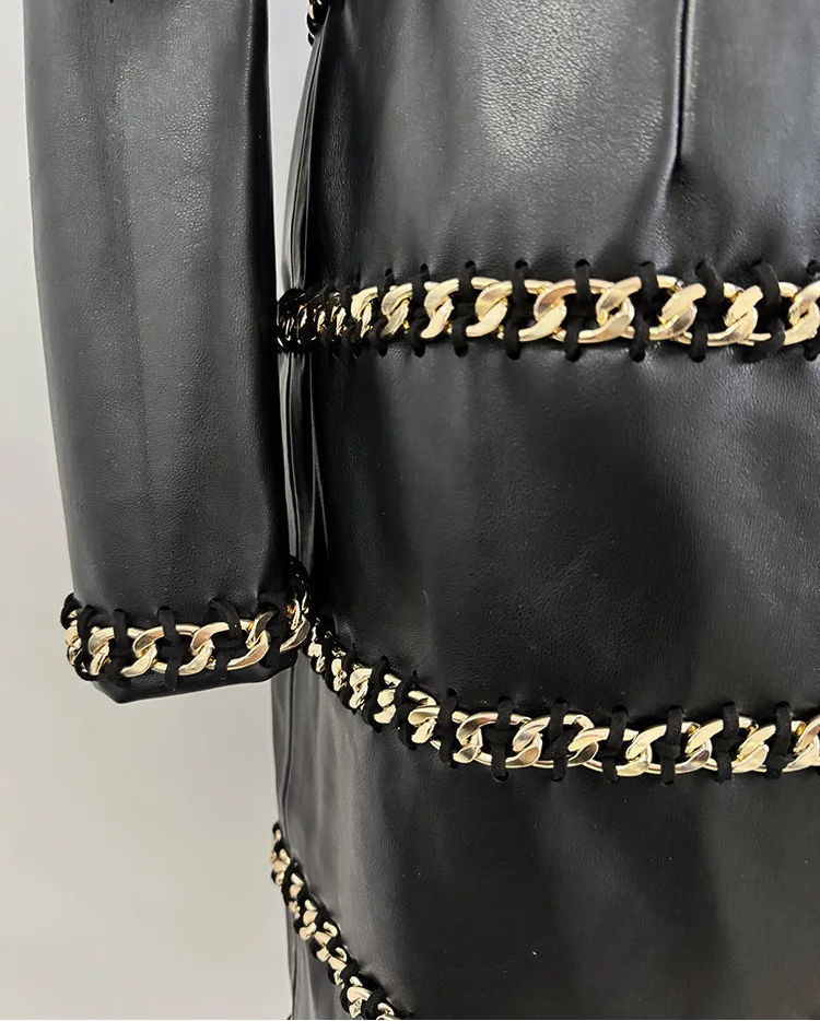Elegant Socialite Fashion New Heavy Chain Three-Dimensional Ruffle Off-Shoulder Leather Dress Sexy Mini Dress