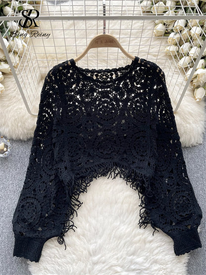 Casual Loose Knitting Top O Neck Hook Flower Hollow Long Sleeved Tassel Design Fashion French Vintage Blouse