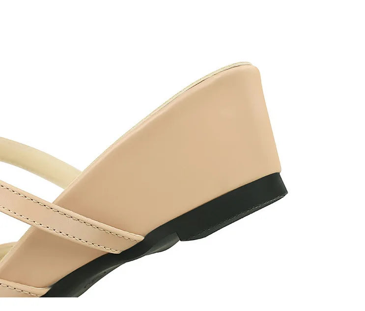 French Wedge Heel Pointed Head Sandals Versatile Bow Medium Heel Half Slippers Women