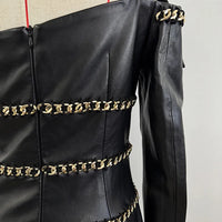 Elegant Socialite Fashion New Heavy Chain Three-Dimensional Ruffle Off-Shoulder Leather Dress Sexy Mini Dress