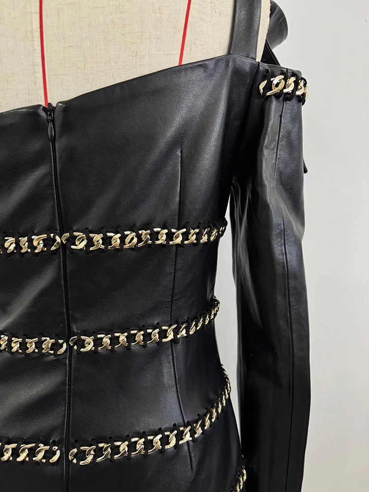 Elegant Socialite Fashion New Heavy Chain Three-Dimensional Ruffle Off-Shoulder Leather Dress Sexy Mini Dress