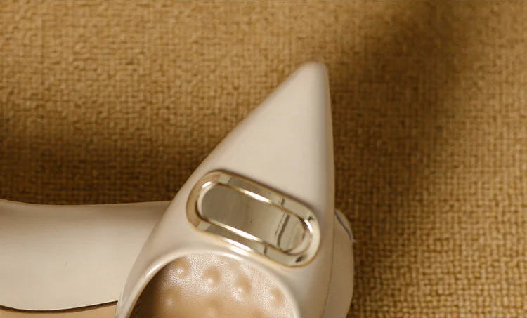 French Style Single Shoes Spring Women Pumps New Pointed Toe Shallow Mouth Metallic Buckle Commuting Shoes Stiletto Single Shoes
