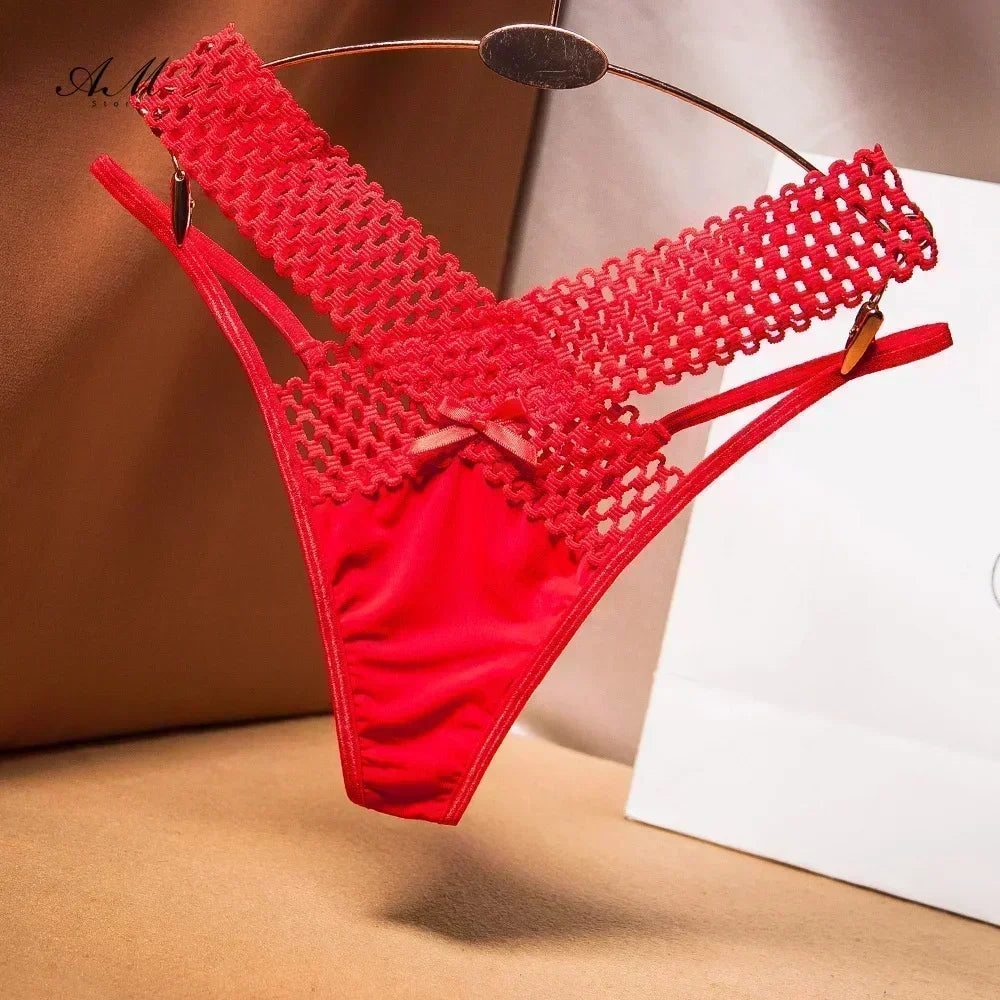 Women's Panties Cross Cut Ice Silk Thong Sports Fashion Perspective Low Waist Ribbons sexy lingerie thongs