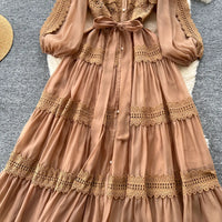Elegant Hollow Out Organza Long Maxi Dresses Shirt Women  Layer Ruffle Full Sleeve Pearl Evening Party Dress