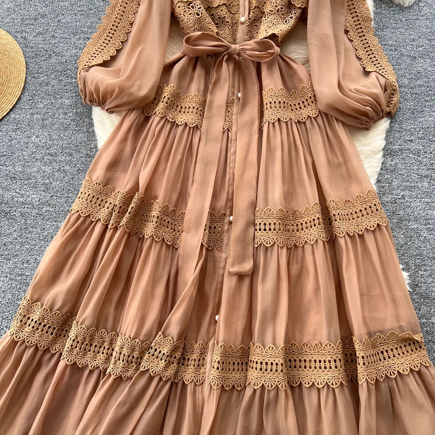 Elegant Hollow Out Organza Long Maxi Dresses Shirt Women  Layer Ruffle Full Sleeve Pearl Evening Party Dress