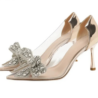 Women's Sexy Evening Wedding Shoes Thin Heels Pumps Shiny Diamond Inlaid Bridal Shoes Pointed Toe Bow Pumps for Women - Natalia Home Fashion