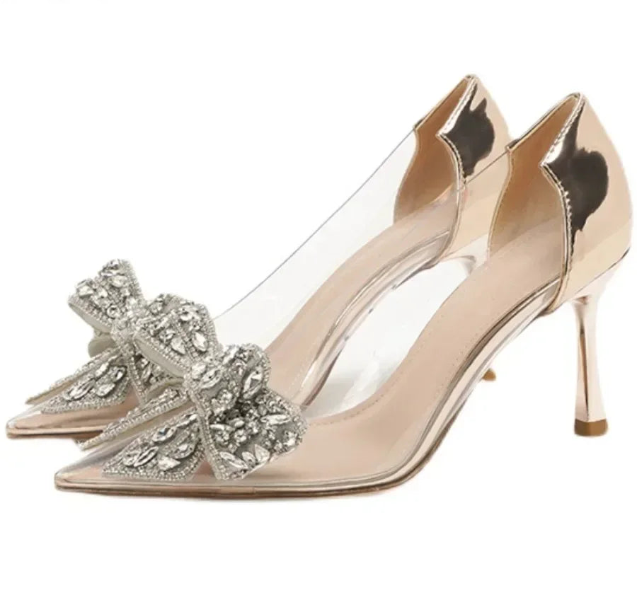 Women's Sexy Evening Wedding Shoes Thin Heels Pumps Shiny Diamond Inlaid Bridal Shoes Pointed Toe Bow Pumps for Women - Natalia Home Fashion