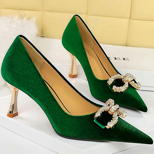Luxury Women 7cm High Heels Wedding Pumps Lady Luxury Designer Metal Chain Buckle High Heels Stiletto Women Dress Shoes