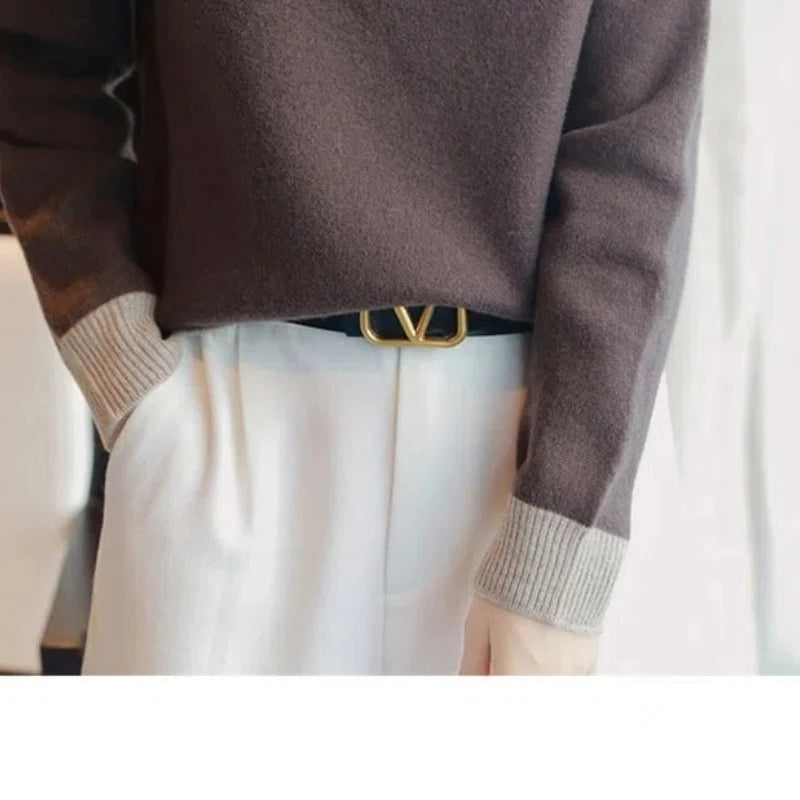 Sweaters Women Contrast Color Button Patchwork Chic Long Sleeve Loose Pullovers Knitted Tops