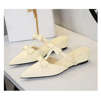 French Wedge Heel Pointed Head Sandals Versatile Bow Medium Heel Half Slippers Women