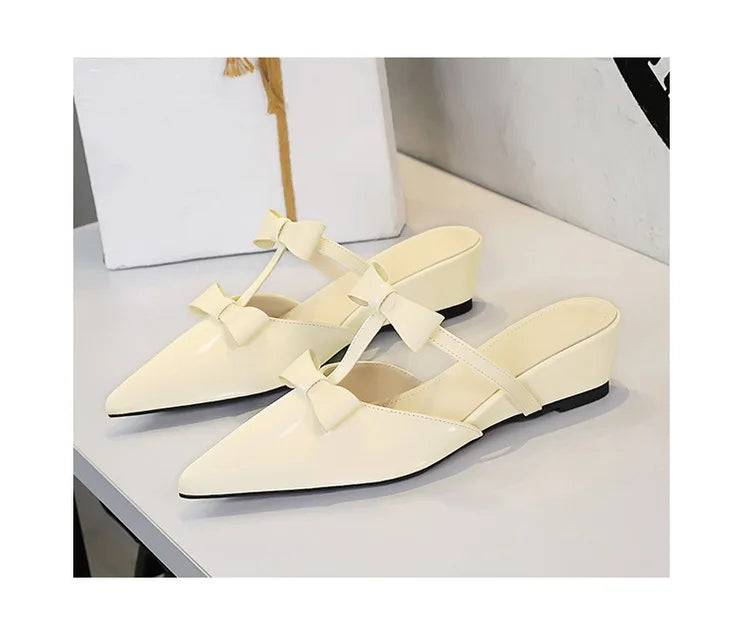 French Wedge Heel Pointed Head Sandals Versatile Bow Medium Heel Half Slippers Women