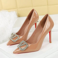 Banquet Pointed High Heels, Shallow Metal Rhinestone Thin Heel Patent Leather High Heels