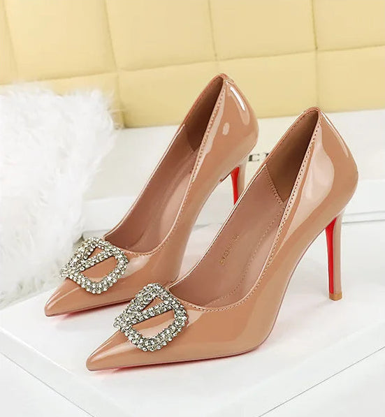 Banquet Pointed High Heels, Shallow Metal Rhinestone Thin Heel Patent Leather High Heels
