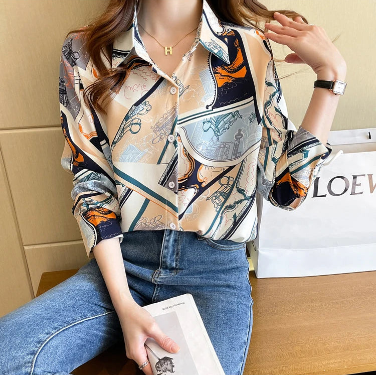 Chiffon Allover Printed Women's Blouses High Quality Long Sleeve Single Breasted Spring Summer Casual Lady Blouses