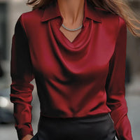 Elegant Simple Shirt Collar Women's Top Independent Polyester Lycra Blend Long Sleeve