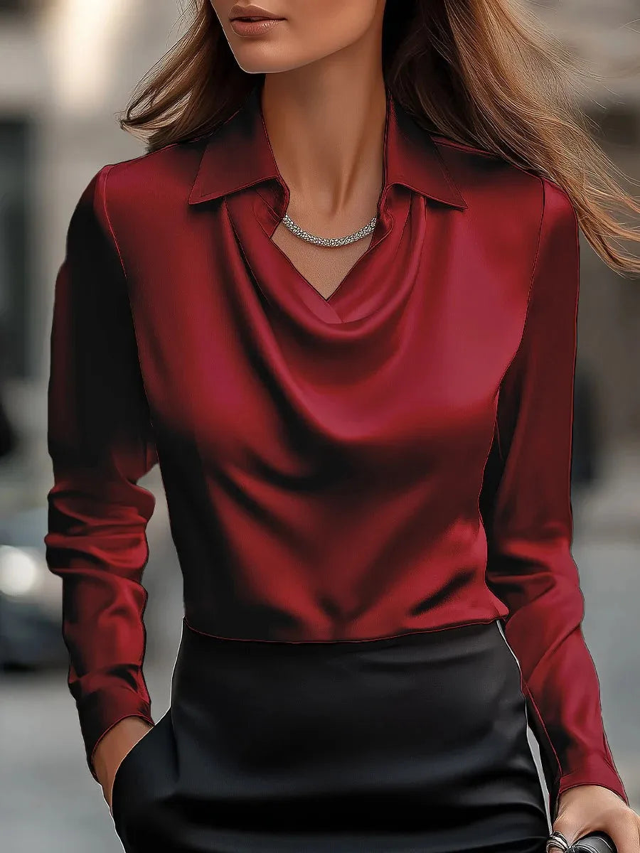 Elegant Simple Shirt Collar Women's Top Independent Polyester Lycra Blend Long Sleeve