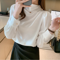 BGTEEVER Stylish Long Sleeve Women Satin Blouses Elegant Loose O-neck Buttons Ladies Pullovers Shirts Tops Spring OL Blusas Natalia Home Fashion    Natalia Home Fashion