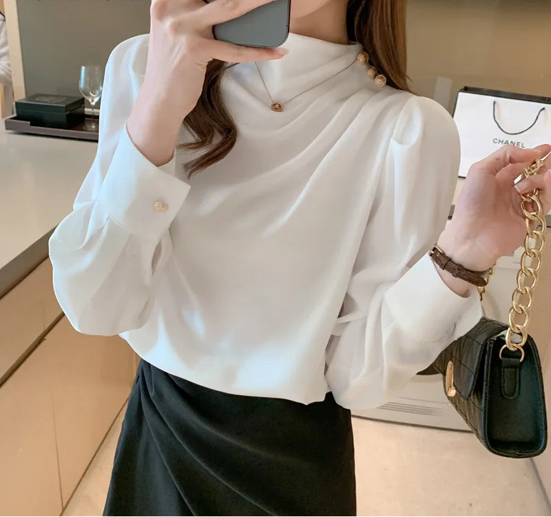 BGTEEVER Stylish Long Sleeve Women Satin Blouses Elegant Loose O-neck Buttons Ladies Pullovers Shirts Tops Spring OL Blusas Natalia Home Fashion    Natalia Home Fashion