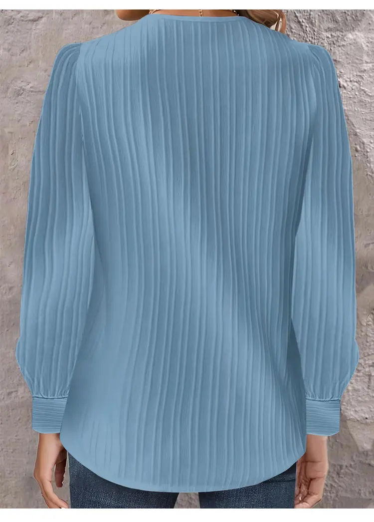 Simple Button V-neck Pullover Women's Solid Long Sleeve Casual T-shirts Elegant Lady Blouses