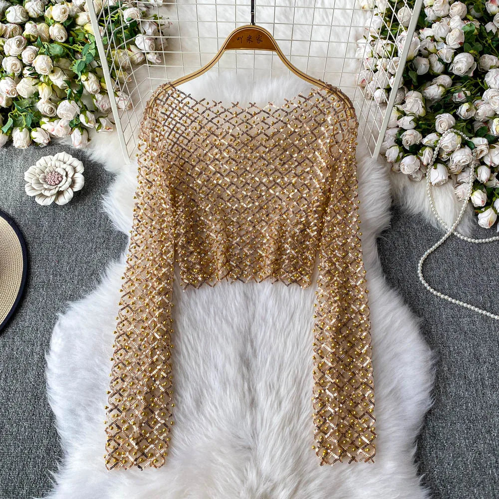 Women Plaids Sequined Embroidery Mesh Spliced T-shirt Slim High Waist Pearls Beaded Gauze Tees O-Neck Long Sleeved Crop Tops