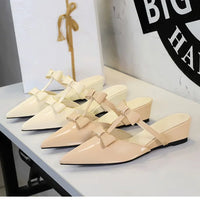 French Wedge Heel Pointed Head Sandals Versatile Bow Medium Heel Half Slippers Women