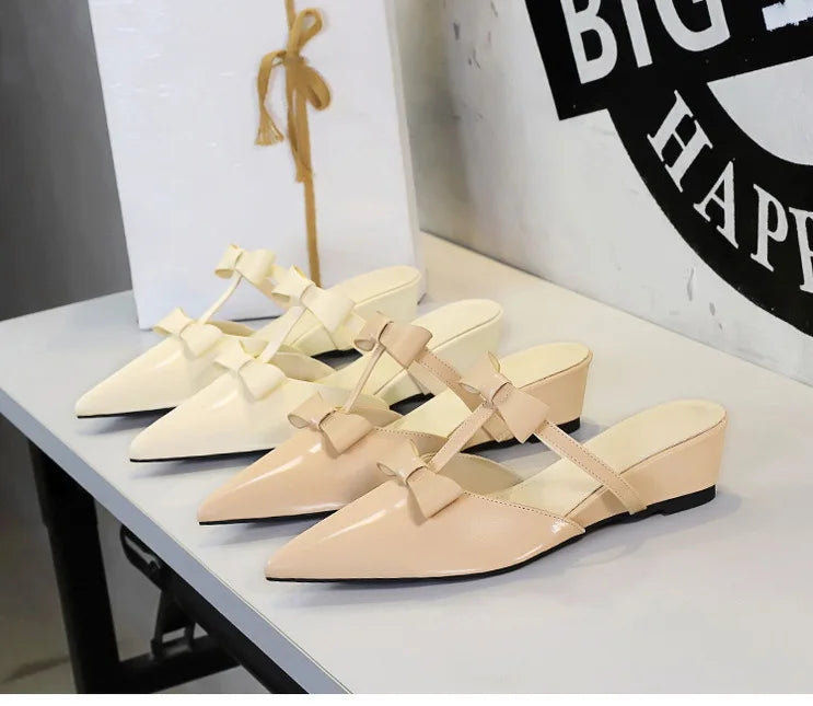 French Wedge Heel Pointed Head Sandals Versatile Bow Medium Heel Half Slippers Women