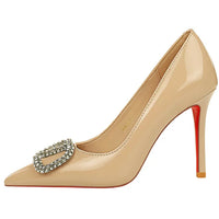 Banquet Pointed High Heels, Shallow Metal Rhinestone Thin Heel Patent Leather High Heels