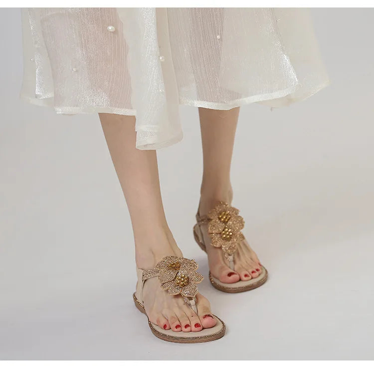 Womens Bohemian Floral Rhinestone Sandals Elegant Crystal Flower Décor Elastic Ankle Strap Soft Cushioned Insole Non Slip Sole