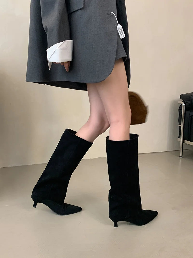 Street Style Pointed Toe Knee-High Boots Women Low Heels Shoes Female Long Booties Women Shoes