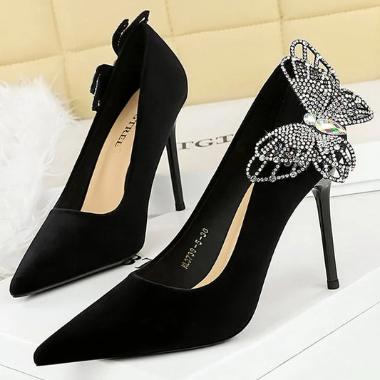 New Side bowknot Rhinestone Butterfly Women Pumps Stilettos Heels 9.5 CM Elegant high heels Luxury banquet shoes party shoes