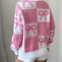 Loose Pink Bow Women's Sweater Fashion O-Neck Long Sleeve Sweater Lady Elegant Chic Pullover Top Female Clothing