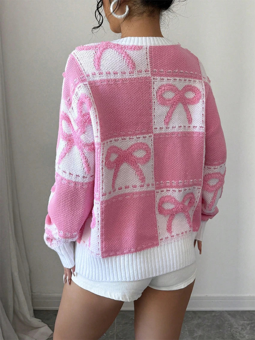 Loose Pink Bow Women's Sweater Fashion O-Neck Long Sleeve Sweater Lady Elegant Chic Pullover Top Female Clothing