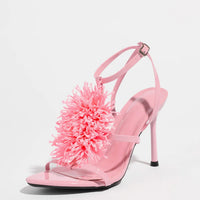 Ladies High Heel Sandals with 3D Fluffy Flower Decorations round Toe Thin Heel Spring Summer Night Club Fashionable Party Shoes