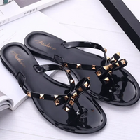 Women Jelly Slippers Rivets Studs Bow-Knot Leisure Daily Flip-Flops For Raining Days Anti-Slip Flat Slippers