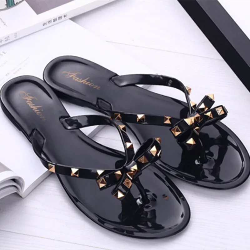 Women Jelly Slippers Rivets Studs Bow-Knot Leisure Daily Flip-Flops For Raining Days Anti-Slip Flat Slippers