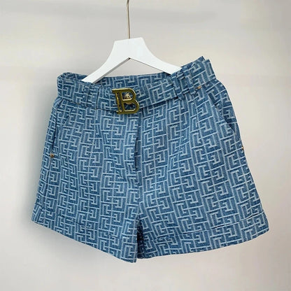 Texture Washed Denim Shorts for Women with Belt Casual Style Quality Jeans Trousers shorts