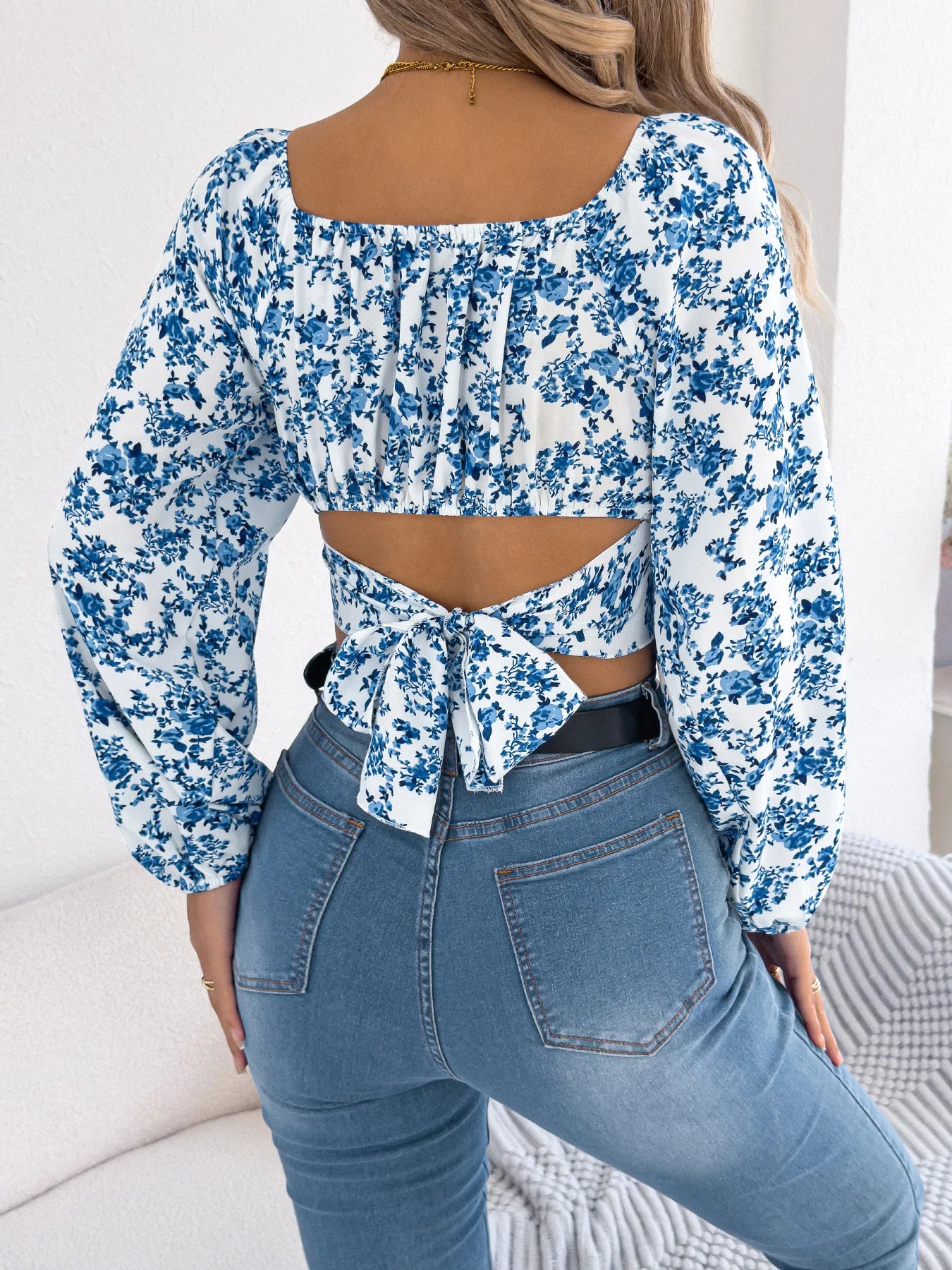 Spring Square Neck Backless T-shirt Casual Women Long Sleeve Bodycon Crop Top Club Short Tops