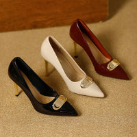 French Style Single Shoes Spring Women Pumps New Pointed Toe Shallow Mouth Metallic Buckle Commuting Shoes Stiletto Single Shoes