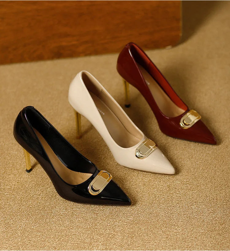 French Style Single Shoes Spring Women Pumps New Pointed Toe Shallow Mouth Metallic Buckle Commuting Shoes Stiletto Single Shoes