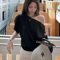 French Acetate Satin Short Sleeve Shirt Women Summer Beautiful Shirt Short Design Loose Slim Slanted Shoulder Top