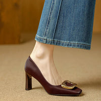 Basic Shallow Square Toe Women Pumps High Quality PU Leather Matte Thick Heel Office Shoes Woman Maroon 7CM High Heels