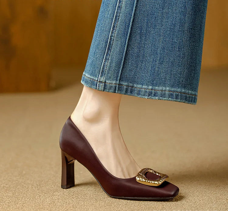 Basic Shallow Square Toe Women Pumps High Quality PU Leather Matte Thick Heel Office Shoes Woman Maroon 7CM High Heels